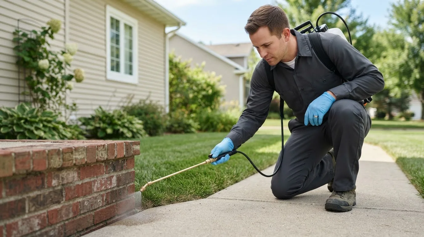Pest control technician treating a home near Norfolk, MA